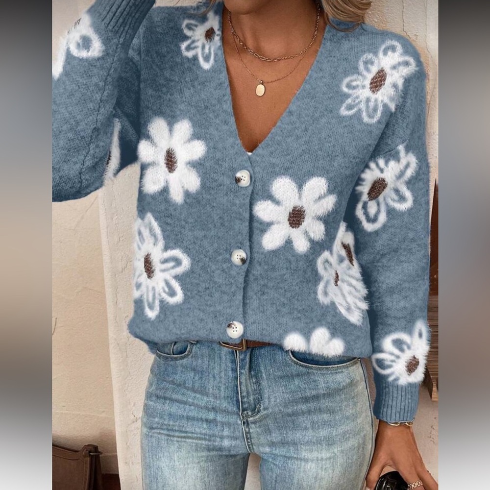Floral Blue Cardigan Sweater
